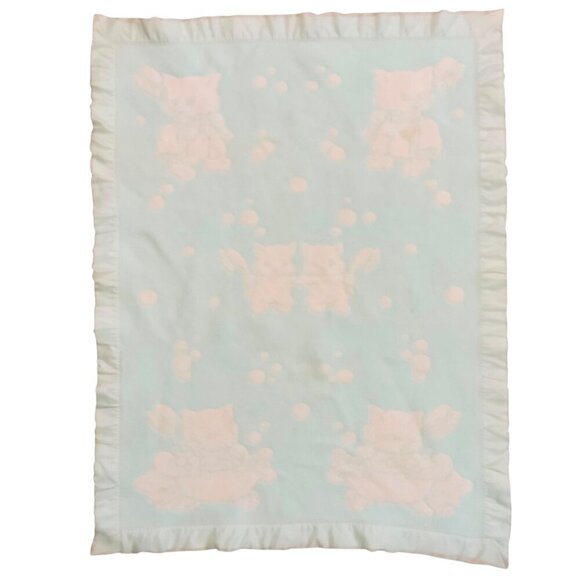 Vintage Baby Blanket With Satin Trim Kittens Bathing Design 34x44 Blue White - Picture 1 of 9